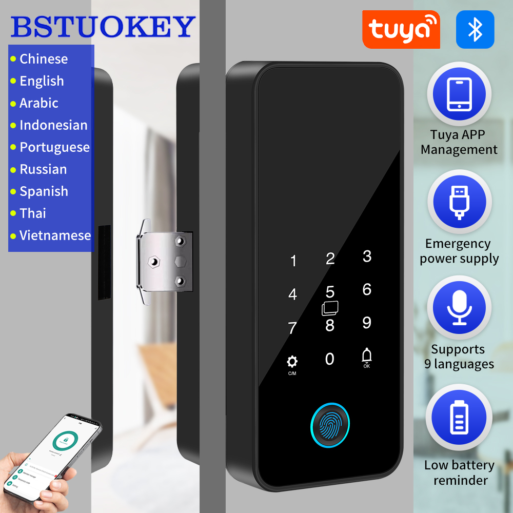Glass Door Hinge - Tuya Smart Life Bluetooth ガラスドアロックデジタル生体認証指紋ガラスロックドリル不要は、パンチングなしのアプリロック解除をサポートします